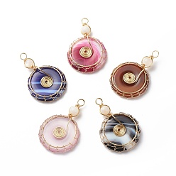 Real 18K Gold Plated Natural Striped Agate/Banded Agate Pendants, Dyed, with Natural Moonstone Beads and Eco-Friendly Copper Wire Wrapped, Donut/Pi Disc Charm, Mixed Color, Real 18K Gold Plated, 46.5x30x6.5mm, Hole: 4mm