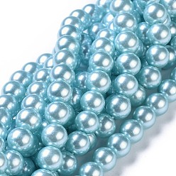 Aqua Brins de perles rondes en verre teinté écologique, Grade a, cordon en coton fileté, Aqua, 8mm, Trou: 0.7~1.1mm, Environ 52 pcs/chapelet, 15 pouce