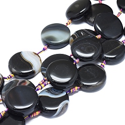 Noir Agate à bandes naturelles / brins de perles d'agate à rayures, teints et chauffée, plat rond, noir, 33~35x11~13mm, Trou: 1.8mm, Environ 8 pcs/chapelet, 14.76 pouce (37.5 cm)