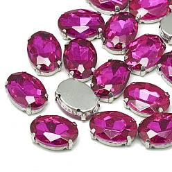 Rosa Cose en el rhinestone, Enlaces multifilares, diamantes de imitación de cristal, con ajustes de puntas de latón, accesorios de prendas de vestir, facetados, oval, Platino, rosa, 8x6x4 mm, agujero: 0.8 mm