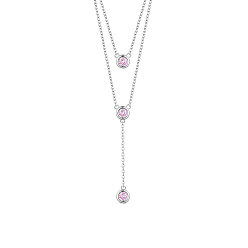 Platinum SHEGRACE Rhodium Plated 925 Sterling Silver Two-Tiered Necklaces, with Three Round Pink AAA Cubic Zirconia Pendant, Platinum, 14.96 inch~16.54 inch(38~42cm)