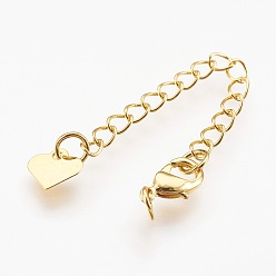 Real 18K Gold Plated Brass Chain Extender, with Lobster Claw Clasps, Cadmium Free & Nickel Free & Lead Free, Long-Lasting Plated, Heart, Real 18K Gold Plated, 67x3mm, Hole: 2.5mm, Clasps: 10x6x3mm