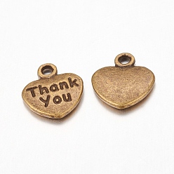 Antique Bronze Tibetan Style Alloy Charms, Heart with Word Thank you, Cadmium Free & Nickel Free & Lead Free, Antique Bronze, 12x11x2mm, Hole: 1.5mm
