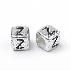 Letter Z Plated Acrylic Beads, Horizontal Hole, Cube with Letter, Antique Silver, Letter.Z, 6mm, Hole: 3mm, about 3000pcs/500g