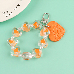Dark Orange Imitation Leather Pendants Keychain, with Resin Beads and Alloy Findings, Heart with Word, Dark Orange, Heart: 3x3.8cm