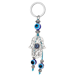 Bleu Foncé Porte-clés pendentif main de hamsa creuse en alliage/main de miriam, Perle du mauvais œil turc, clé de voiture ou ornements de sac, bleu foncé, 13.5 cm