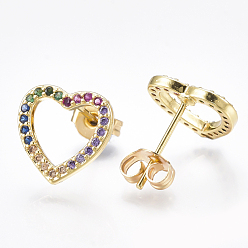Real 18K Gold Plated Brass Micro Pave Cubic Zirconia Ear Studs, Heart, Real 18K Gold Plated, 11x11x1.5mm, Pin: 0.7mm