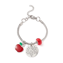 Red Alloy Apple Charm Bracelet with Glass Beaded, Word European Bracelet for Teachers' Day, Red, 6-3/4 inch(17cm)