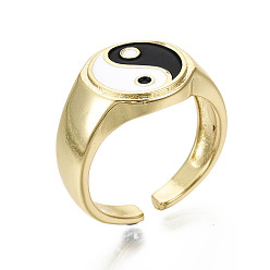 Настоящее золото 16K Манжеты с латунной эмалью, открытые кольца, без никеля , сплетни / инь янь, черные и белые, реальный 16 k позолоченный, внутренний диаметр: 17 мм
