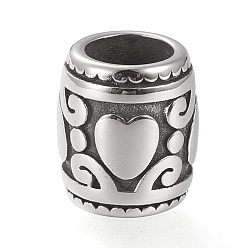 Antique Silver 304 Stainless Steel European Beads, Large Hole Beads, Barrel with Heart, Antique Silver, 10x9mm, Hole: 5.5mm