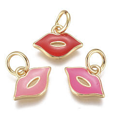 Mixed Color Real 18K Gold Plated Brass Enamel Charms, Makeup Charms, Long-Lasting Plated, Lip, Mixed Color, 8x11x1mm, Hole: 3mm