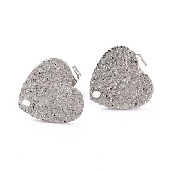 Stainless Steel Color 304 Stainless Steel Stud Earring Findings, with Ear Nuts/Earring Backs and Hole, Heart Shape with Textured, Stainless Steel Color, 12x13x1mm, Pin: 0.8mm