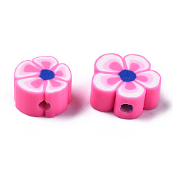Hot Pink Handmade Polymer Clay Beads, Flower, Hot Pink, 7~10x7~11x3~5mm, Hole: 1.6mm