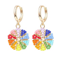Colorful Rainbow Color Japanese Seed Braided Flower Dangle Hoop Earrings, Brass Jewelry for Women, Colorful, 37mm, Pin: 1mm