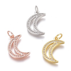 Mixed Color Brass Micro Pave Clear Cubic Zirconia Pendants, Long-Lasting Plated, With Jump Rings, Moon, Mixed Color, 17x11.5x1.5mm, Hole: 3mm, Jump Ring: 5x1mm