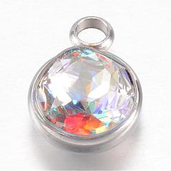 Colorful 304 Stainless Steel Glass Rhinestone Charms, Faceted, Flat Round, Colorful, 14x10x7mm, Hole: 2.5mm