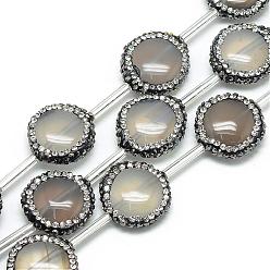 Dark Gray Natural Grey Agate Rhinestone Beads, Flat Round, Dark Gray, 17~18x6mm, Hole: 1mm