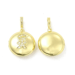 Human Brass Micro Pave Clear Cubic Zirconia Locket Pendants, Light Gold Tone Flat Round with Human Charms, Boy Pattern, 20x18x8.5mm, Hole: 5.5x3mm, Inner Diameter: 15mm
