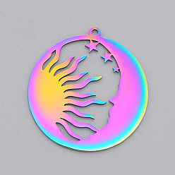Rainbow Color Placage ionique (ip) 201 pendentifs en acier inoxydable, Coupe au laser, soleil et lune, couleur arc en ciel, 32x30x1mm, Trou: 1.5mm