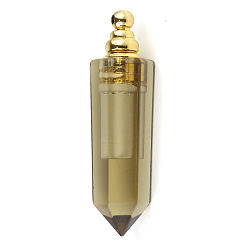 Quartz Fumé Pendentifs de bouteille de parfum ouvrable quartz fumé naturel, breloques de bouteille de parfum balle pointue à facettes avec capuchon en métal plaqué or, 44x12mm