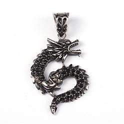 Antique Silver 316 Surgical Stainless Steel Rhinestone Pendants, Dragon, Antique Silver, 41.5x26x4mm, Hole: 9.5x4.5mm