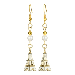 Blanco Pendientes colgantes de aleación de esmalte de la Torre Eiffel con cuentas de perlas de imitación, Pendientes largos dorados con pasadores de hierro., blanco, 64x9 mm