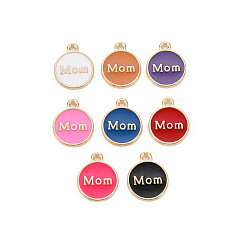 Mixed Color Alloy Enamel Charms, Cadmium Free & Lead Free, Light Gold, Flat Round with Mom, Mixed Color, 14.5x12x2mm, Hole: 1.4mm