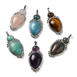 Mixed Stone Natural Mixed Stone Pendants, Teardrop Charms with Rack Plating Platinum Tone Brass Findings, Cadmium Free & Lead Free, 43.5x22x7.8mm, Hole: 3.2x5.3mm