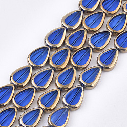 Blue Electroplate Glass Beads Strands, Edge Plated, Teardrop, Blue, 16.5x11.5x5mm, Hole: 1mm, about 20pcs/strand, 12.9 inch