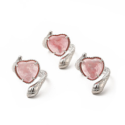Cherry Quartz Glass Natural Cherry Quartz Glass Heart with Snake Open Cuff Ring, Platinum Brass Jewelry for Women, US Size 8 1/2(18.5mm)