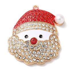 Santa Claus Colgantes navideños de diamantes de imitación de aleación de zinc, con esmalte y perla de plástico, santa claus, 38x35x8 mm, agujero: 2 mm