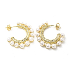 Light Gold Clear Cubic Zirconia C-shape Stud Earrings with ABS Pearl Beaded, Brass Half Hoop Earrings for Women, Light Gold, 32x30x6mm, Pin: 0.7mm