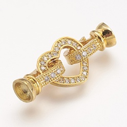 Golden Brass Micro Pave Cubic Zirconia Fold Over Clasps, Heart, Golden, 31x12x7mm, Hole: 1mm