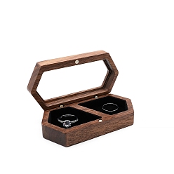 Black 2-Slot Hexagon Walnut Wood Magnetic Wedding Ring Gift Case, Clear Window Jewelry Box with Velvet Inside, for Couple Rings, Black, 10x5x2.8cm
