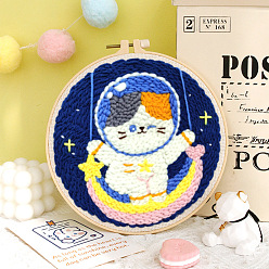 Cat Shape Space Theme Punch Embroidery Supplies Kits, including Embroidery Fabric & Yarn, Instruction Sheet, Cat Shape, 220mm
