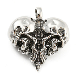 Antique Silver 316L Surgical Stainless Steel Pendants, Skull Charm, Antique Silver, 36x35x15mm, Hole: 7mm