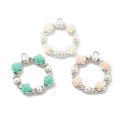 Platinum Alloy Pendants, Ring Charms with Flower, with Resin and ABS Imitation Pearl Beads, Mixed Color, Platinum, 27x23.5x4.5mm, Hole: 1.8~2mm