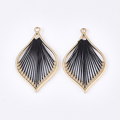 Black Cotton Thread Woven Pendants, with Alloy Findings, Leaf, Golden, Black, 43x26.5x2mm, Hole: 1.8mm