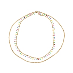 Oro Collar de doble capa con dijes ovalados de esmalte colorido, 304 joyería de cadenas de eslabones de acero inoxidable para mujeres, dorado, 14.96 pulgada (38 cm)