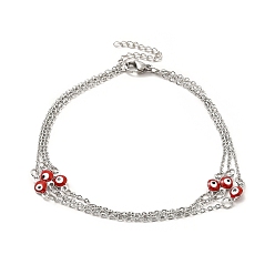 Stainless Steel Color 304 Stainless Steel Curb Chains Triple Layered Anklet, Red Enamel Evil Eye Links Anklet for Women, Stainless Steel Color, 8-5/8 inch(22cm)