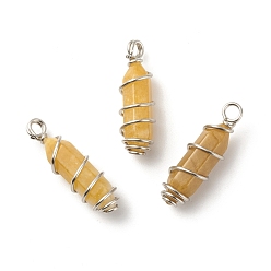 Topaz Jade Natural Topaz Jade Double Terminal Pointed Pendants, with Platinum Tone Copper Wire Wrapped, Bullet, 26~26.5x8mm, Hole: 2.5~2.8mm