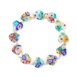 Coloré Bracelet extensible fait main millefiori au chalumeau et perles de coeur en alliage, bracelet fleur pour femme, colorées, diamètre intérieur: 1-7/8 pouce (4.8 cm)