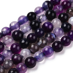 Purple Natural Striped Agate/Banded Agate Bead Strands, Dyed, Round, Purple, 10mm, Hole: 1mm, about 38pcs/strand, 15.15 inch