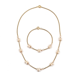Golden Beaded Bracelets & Necklaces Jewelry Sets, with Natural Cultured Freshwater Pearl Beads, 304 Stainless Steel Rolo Chains and Brass Spring Ring Clasps, Golden, 17.51 inch(44.5cm), 7-5/8 inch(19.5cm)