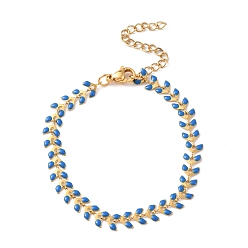 Blue Enamel Ear of Wheat Link Chains Bracelet, Vacuum Plating 304 Stainless Steel Jewelry for Women, Blue, 6-7/8 inch(17.6cm)