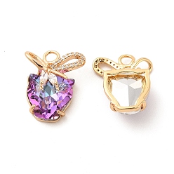 Amethyst Brass with K9 Glass Pendants,  Golden Cat with Bowknot Charms, Amethyst, 19.5x16x9mm, Hole: 2.5mm