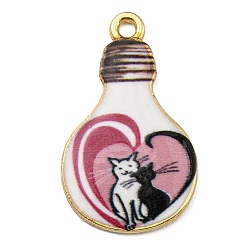 Pink Alloy Pendant, Lead Free & Cadmium Free & Nickel Free, Lamp Bulb with Cat Shape, Pink, 28x17x1.5mm, Hole: 1.8mm
