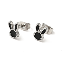 Black Enamel Rabbit Stud Earrings with 316 Surgical Stainless Steel Pins, Stainless Steel Color Plated 304 Stainless Steel Jewelry for Women, Black, 8.5x6.5mm, Pin: 0.8mm