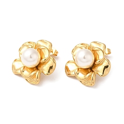 Real 18K Gold Plated Plastic Pearl Beaded Flower Stud Earrings, Ion Plating(IP) 304 Stainless Steel Jewelry, Real 18K Gold Plated, 23.5x25mm