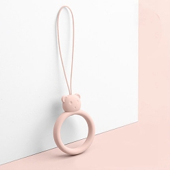 Misty Rose Ring with Bear Shapes Silicone Mobile Phone Finger Rings, Finger Ring Short Hanging Lanyards, Misty Rose, 9.5~10cm, Ring: 40x30x9mm